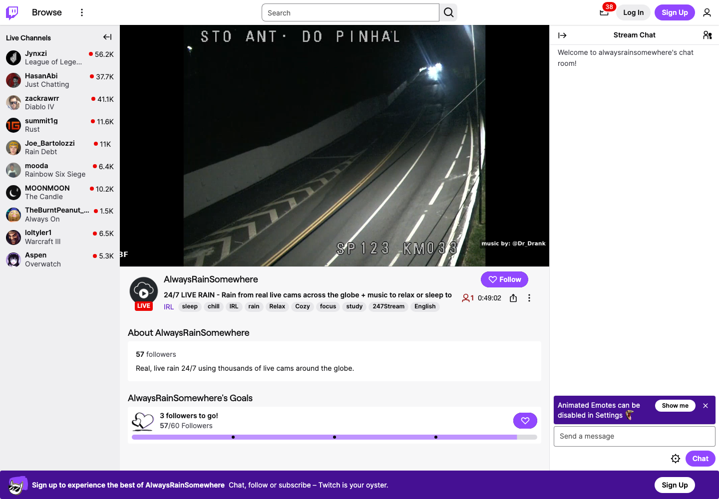 AlwaysRainSomewhere Twitch channel showing the live rain stream and channel metadata