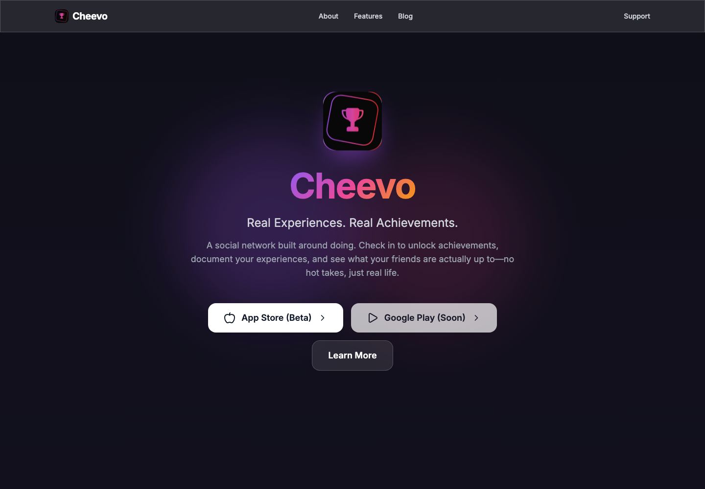 Cheevo public site showing the achievement app positioning and app store calls to action