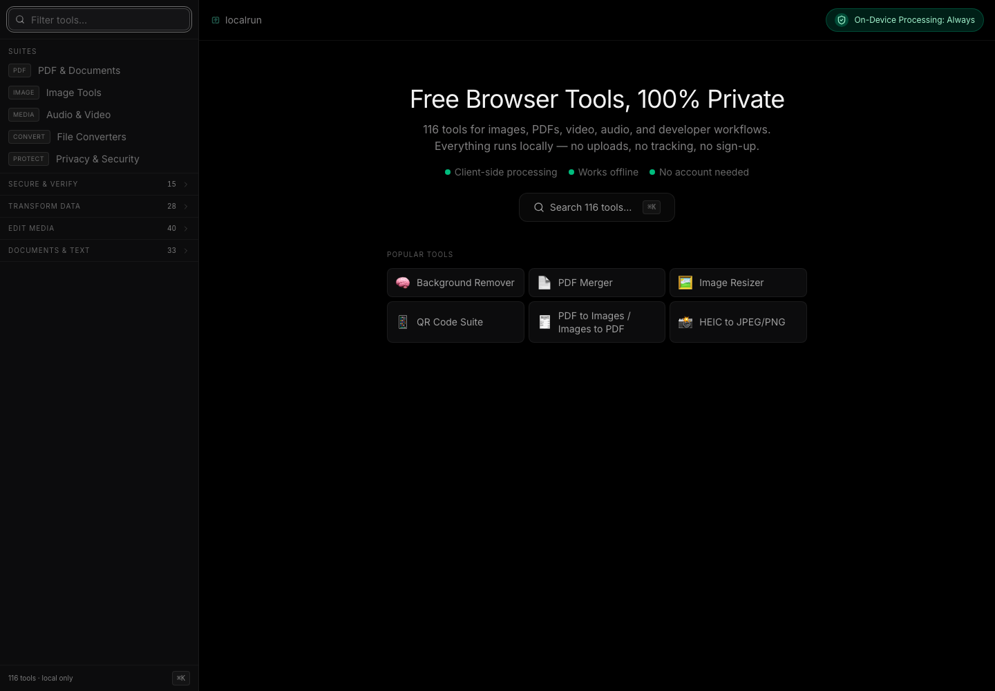 LocalRun live dashboard with search, tool categories, and popular browser tools