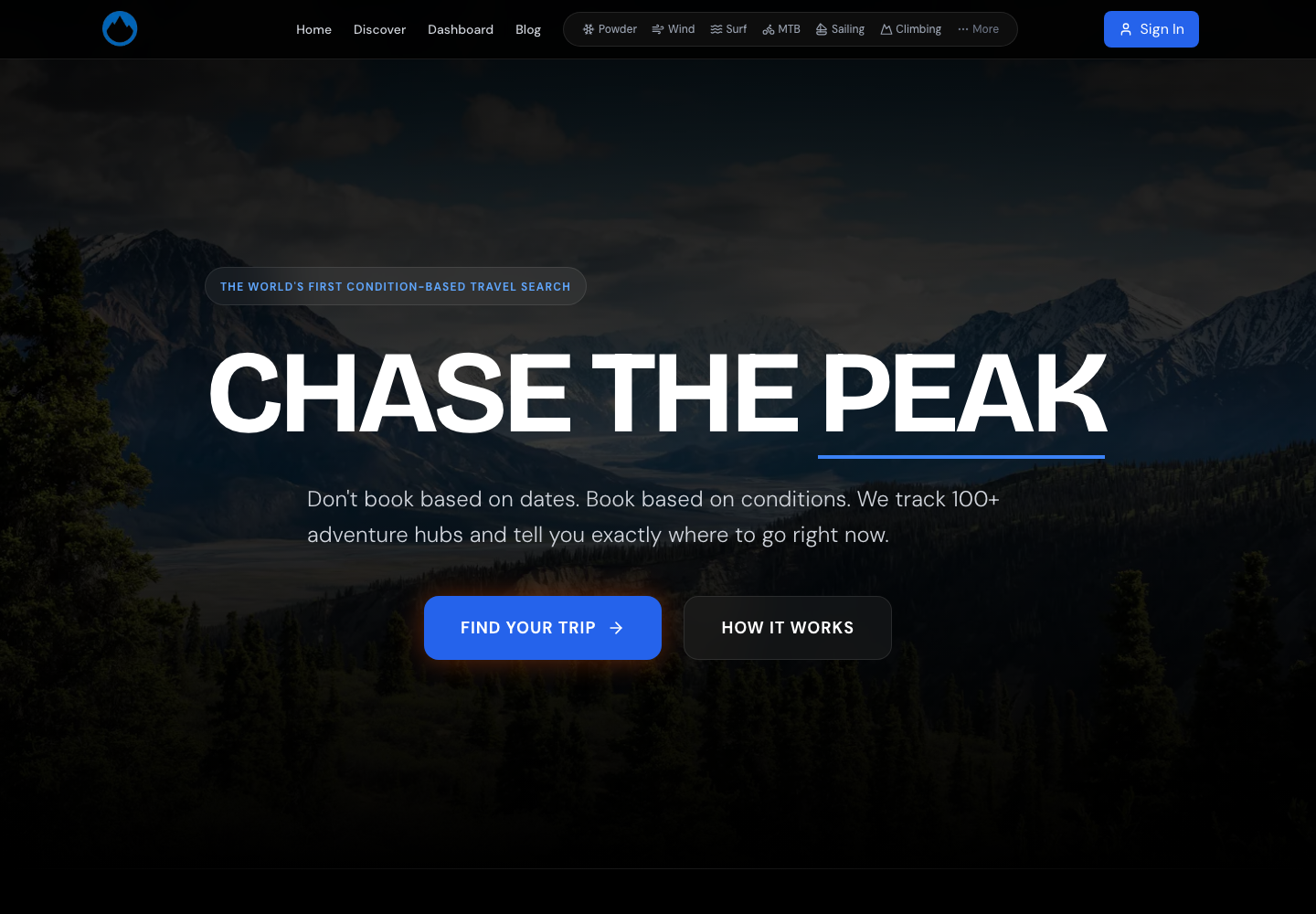 PeakSeek live homepage with condition-based adventure travel search